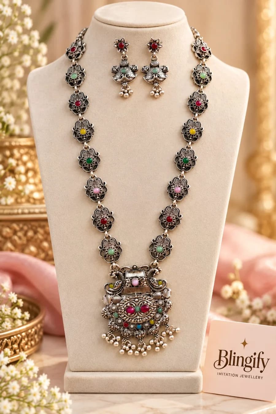 Oxidised Multicolour Stone Long Necklace Set