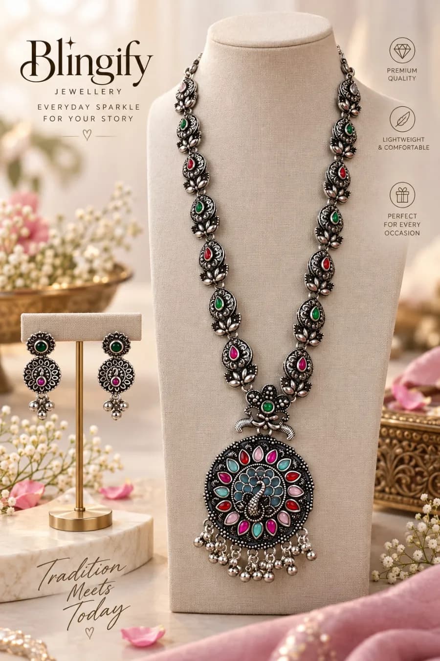 Oxidised Peacock Pendant Long Necklace Set