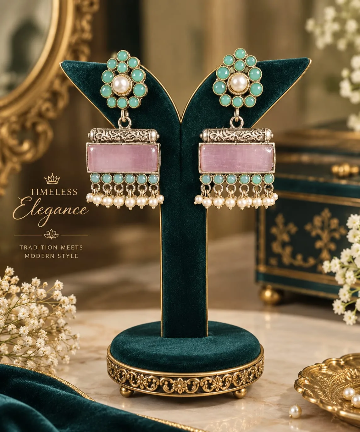 Oxidised Silver Earrings with Pastel Pink Stone, Mint Green Accents & Pearl Fringe