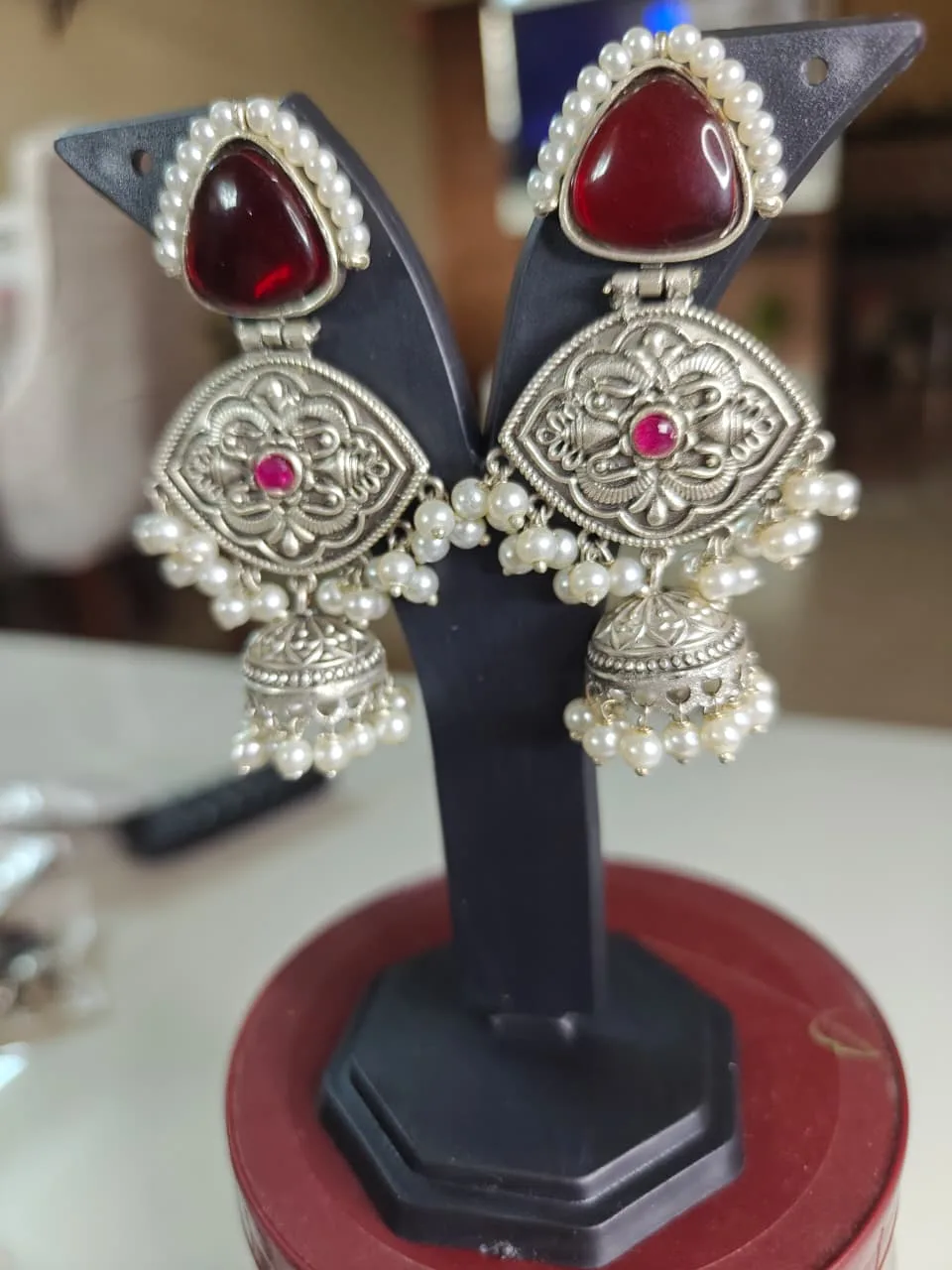 Oxidised Silver Jhumka Earrings with Maroon Stone & Pearl Detailing — view 2 of 3