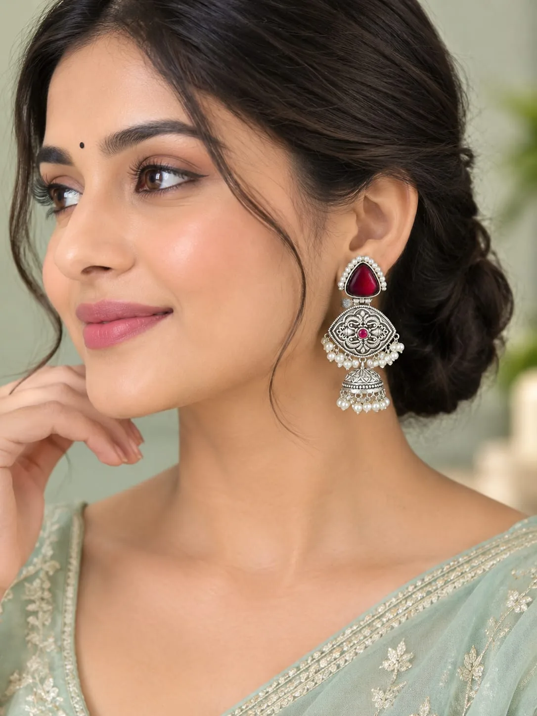 Oxidised Silver Jhumka Earrings with Maroon Stone & Pearl Detailing — view 3 of 3