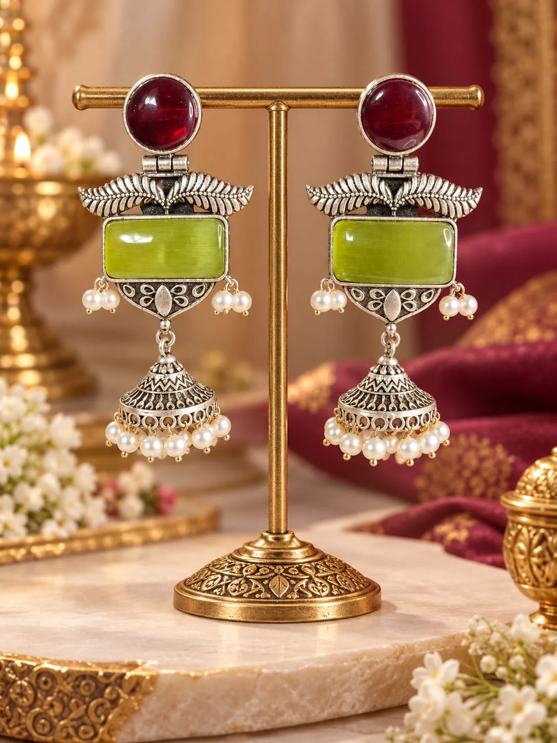 Oxidised Silver Jhumka Earrings with Stones