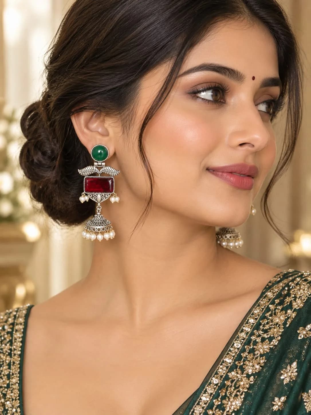 Oxidised Silver Jhumka Earrings with Stones - Green and Red
