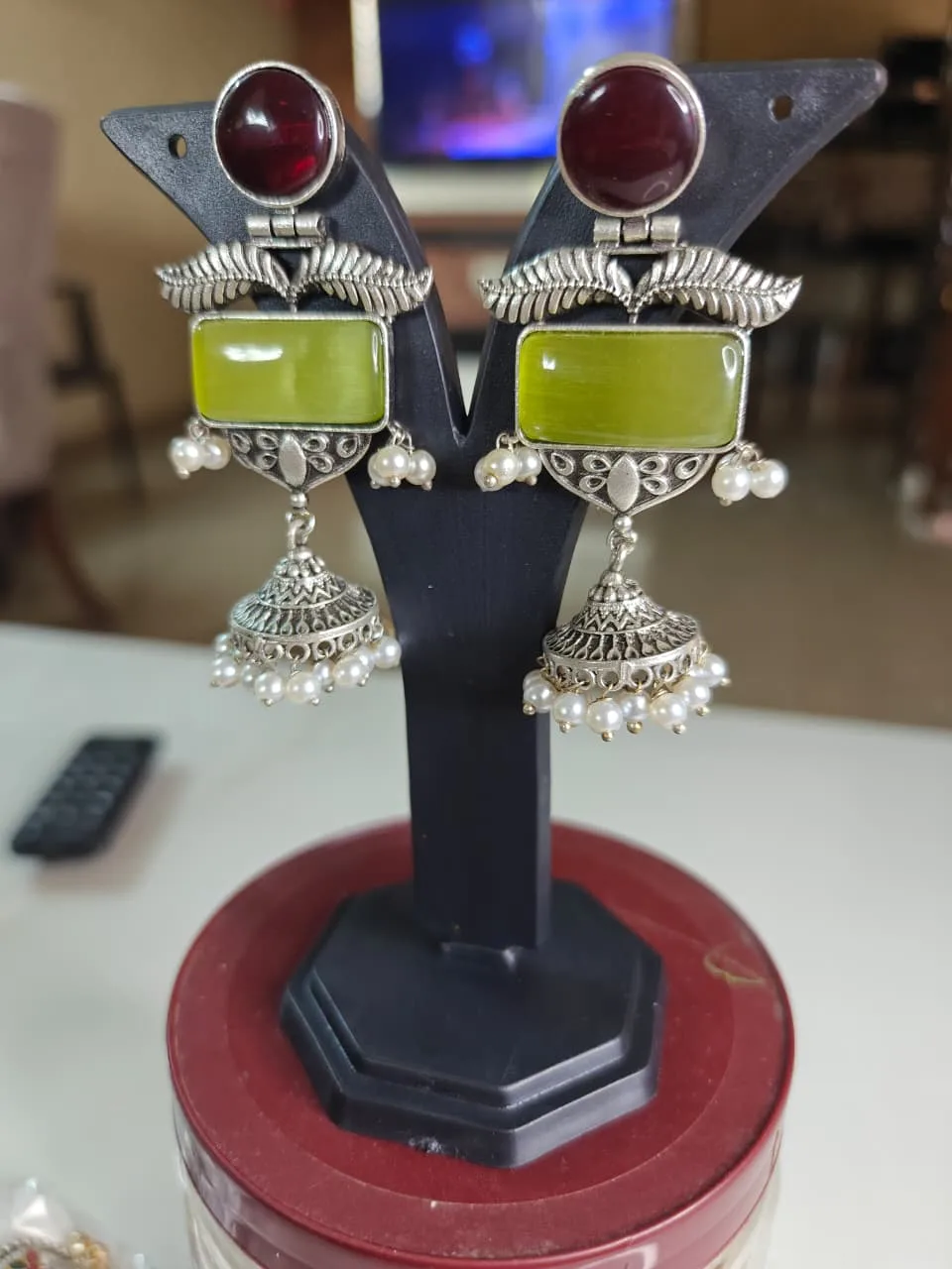 Oxidised Silver Jhumka Earrings with Stones — view 4 of 4