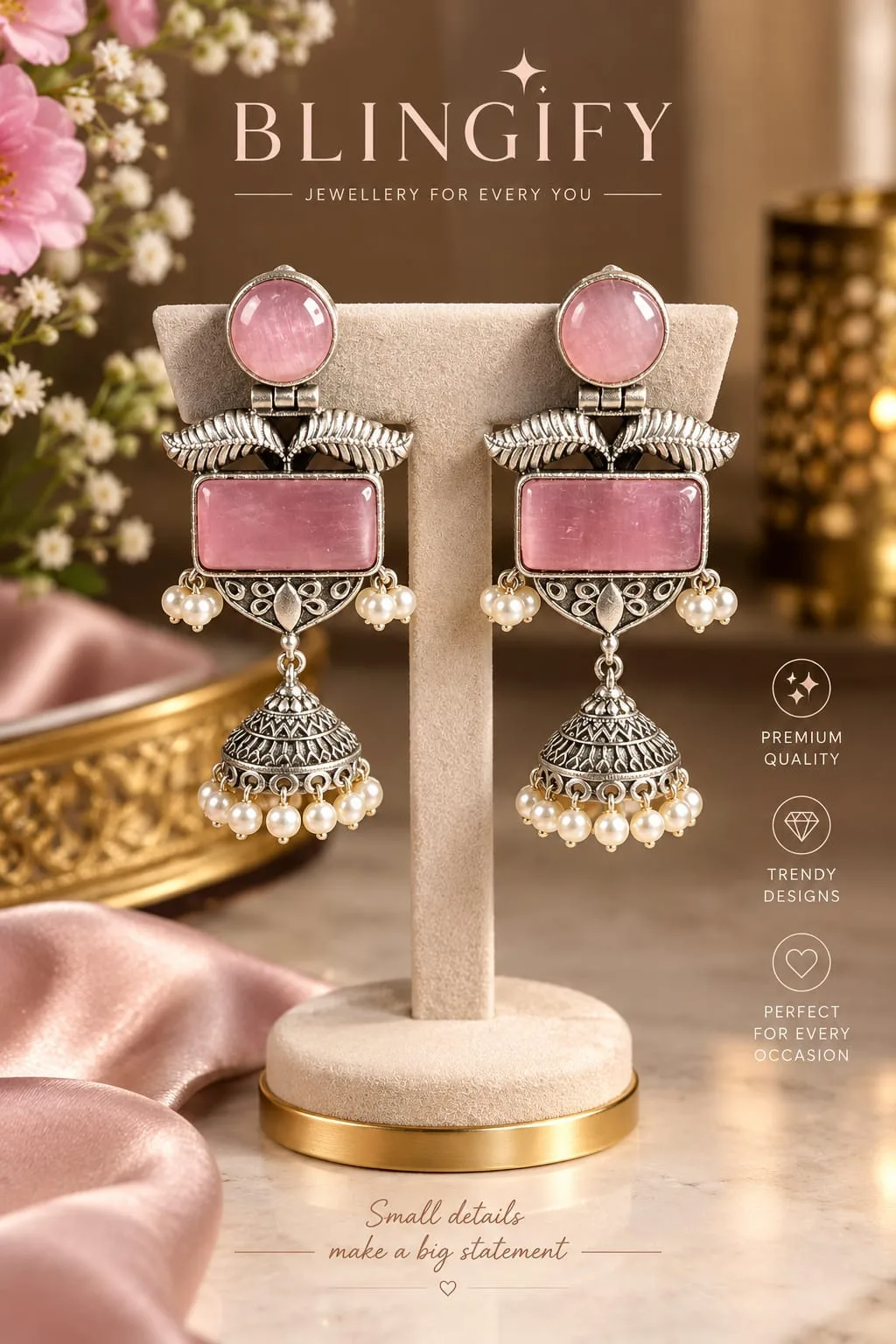 Oxidised Silver Jhumka Earrings with Stones