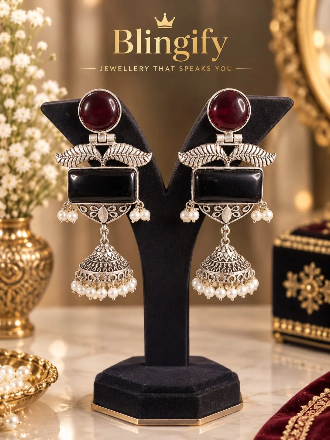 Oxidised Silver Jhumka Earrings with Stones — view 2 of 2