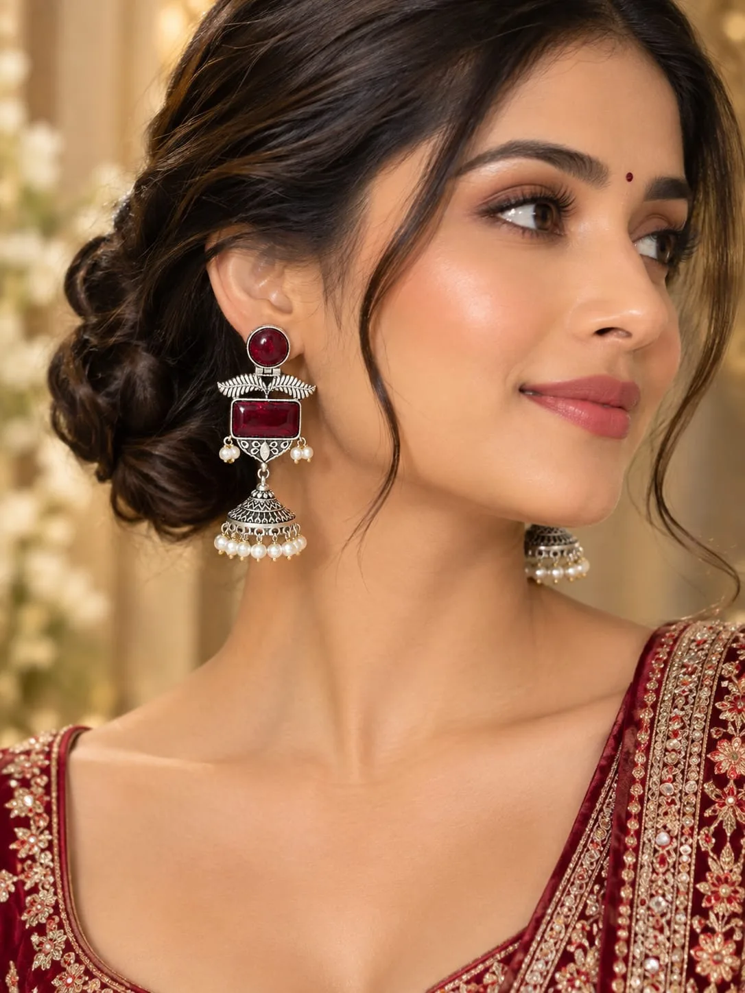 Oxidised Silver Jhumka Earrings with Stones