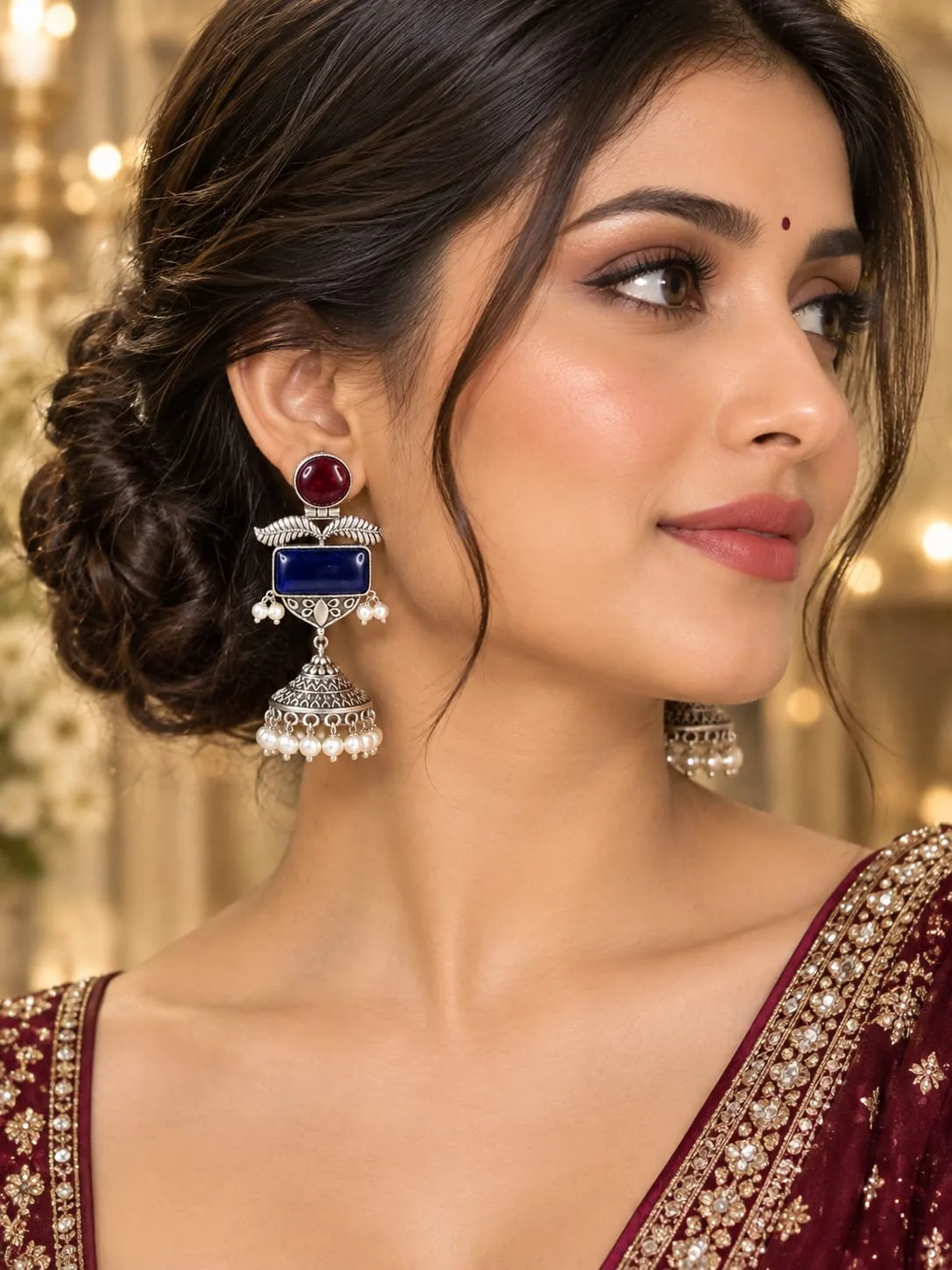 Oxidised Silver Jhumka Earrings with Stones