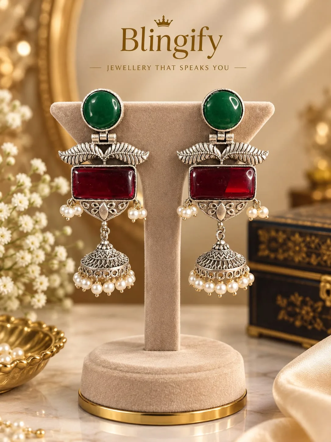 Oxidised Silver Jhumka Earrings with Stones — view 2 of 2