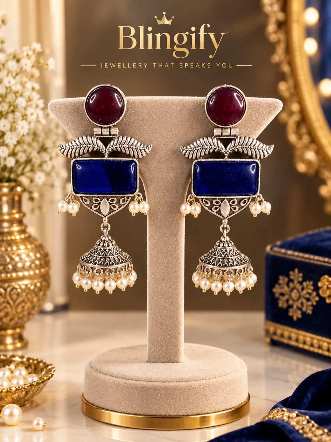 Oxidised Silver Jhumka Earrings with Stones — view 2 of 2