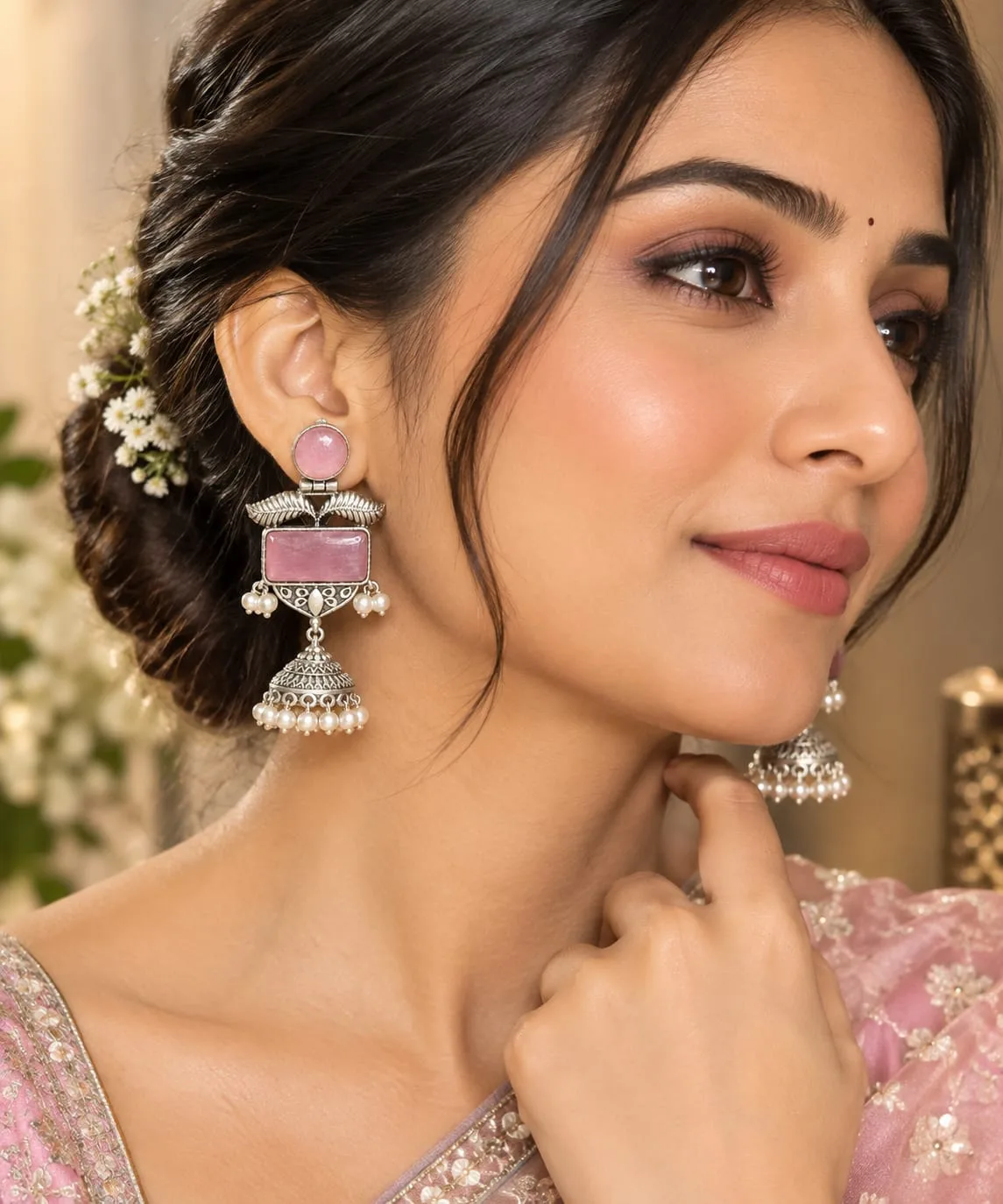 Oxidised Silver Jhumka Earrings with Stones — view 2 of 2