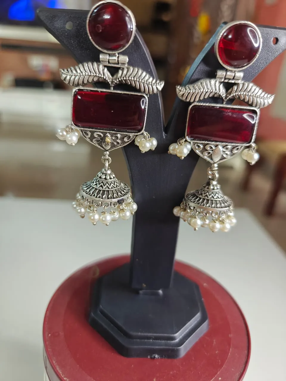 Oxidised Silver Jhumka Earrings with Stones — view 2 of 4