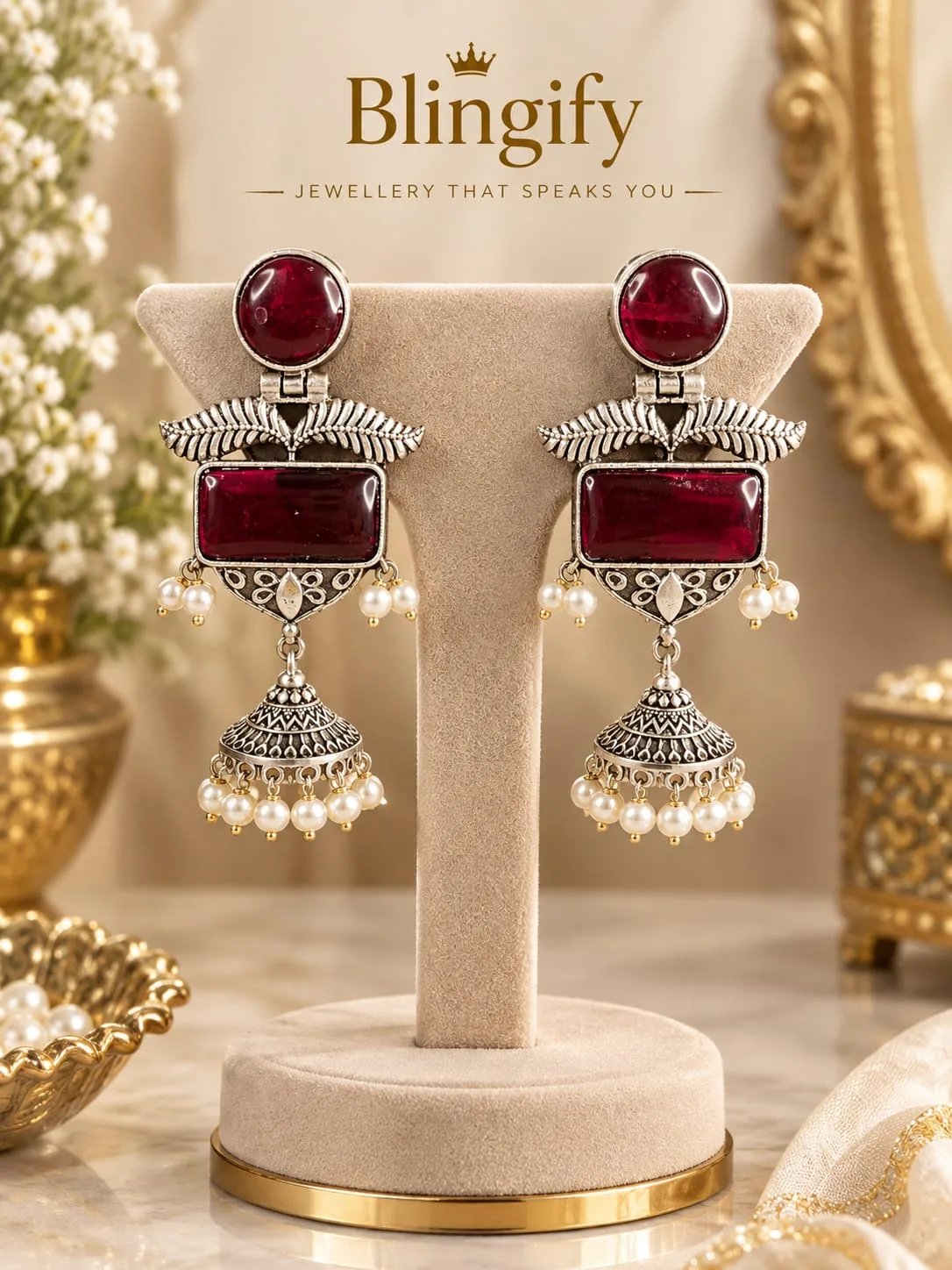 Oxidised Silver Jhumka Earrings with Stones — view 3 of 4