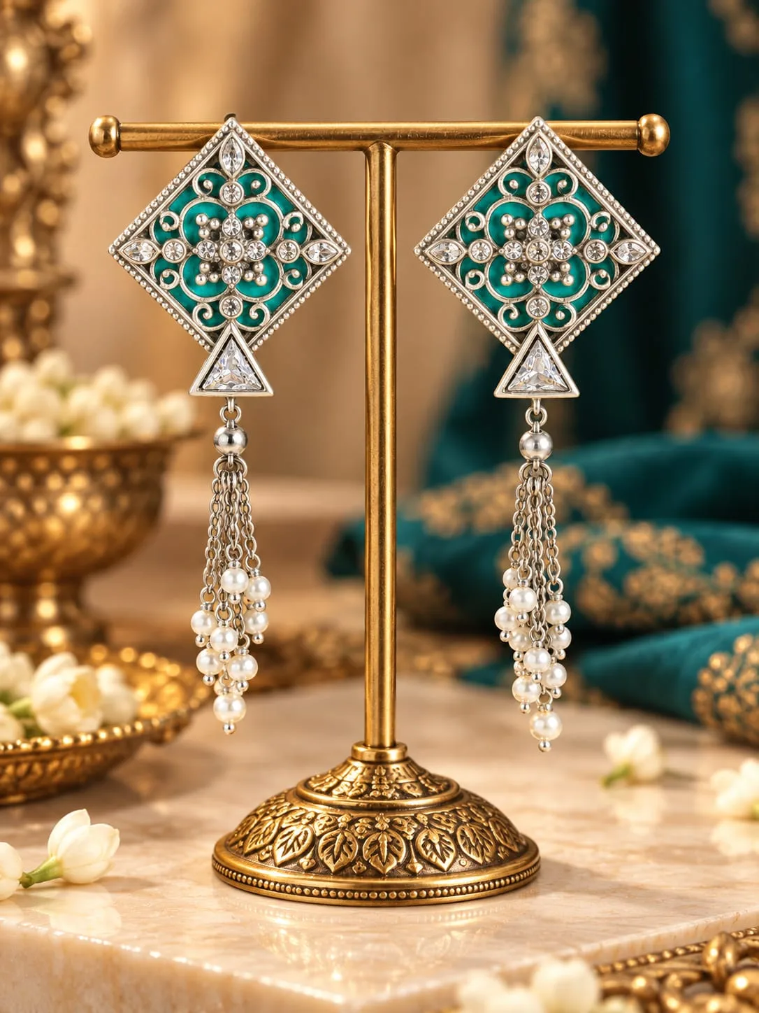 Oxidised Silver Kite-Shaped Earrings with Teal Enamel, Crystals & Pearl Tassels