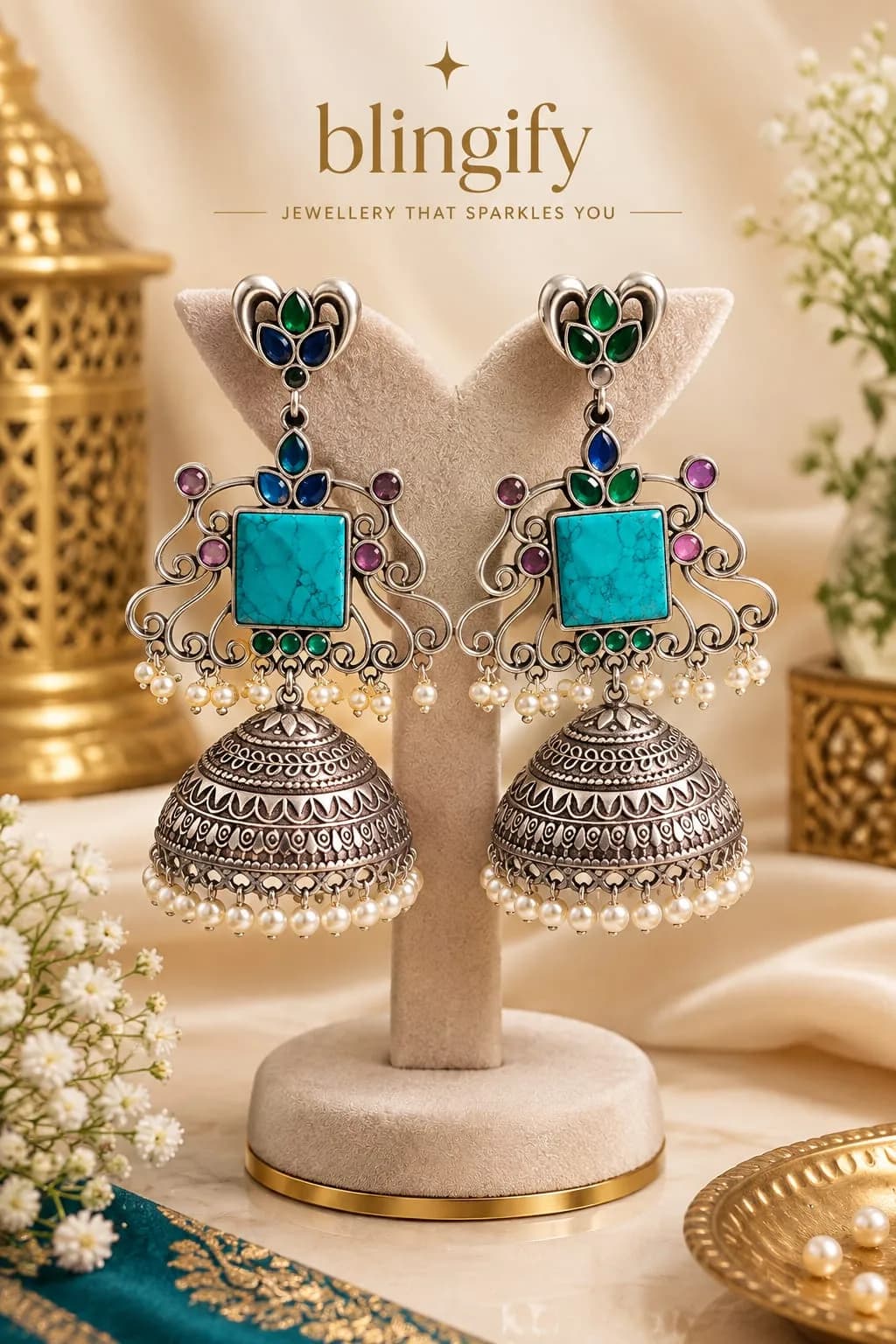 Oxidized Silver Turquoise Jhumka Earrings
