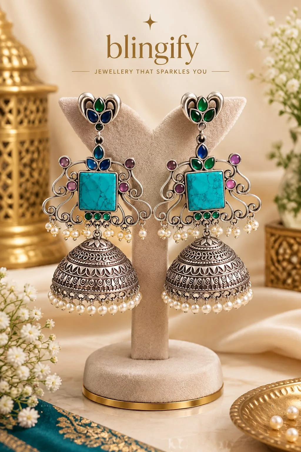 Oxidized Silver Turquoise Jhumka Earrings