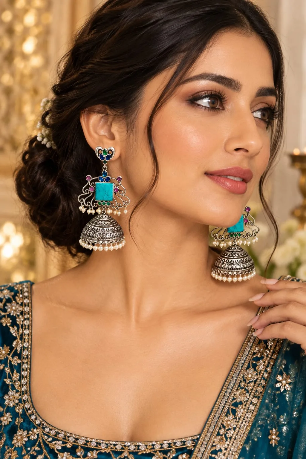 Oxidized Silver Turquoise Jhumka Earrings — view 2 of 3