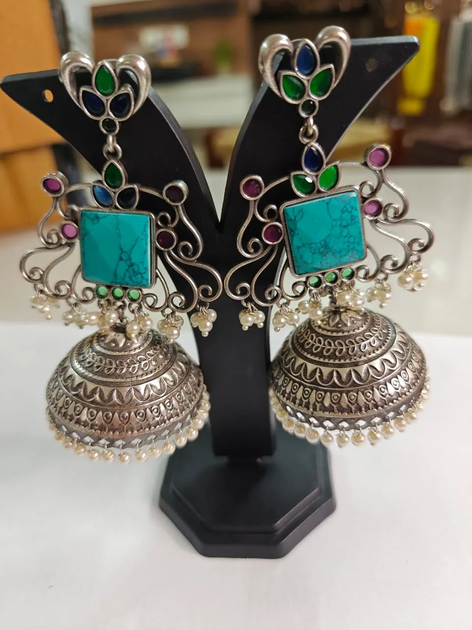 Oxidized Silver Turquoise Jhumka Earrings — view 3 of 3