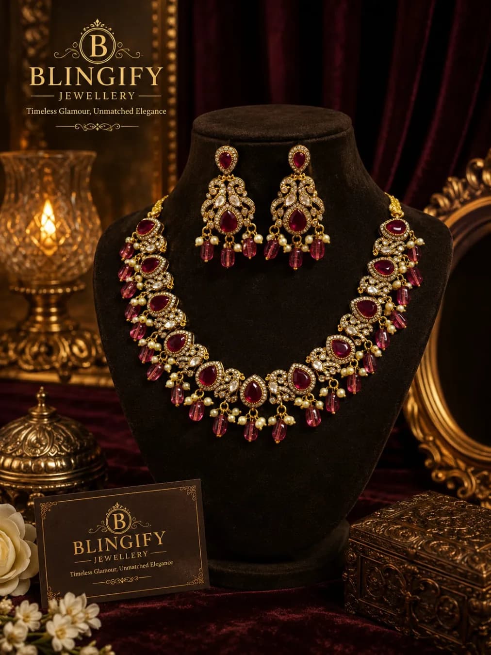 Antique Gold Necklace & Earring Set - Moissanite Stone — view 2 of 3