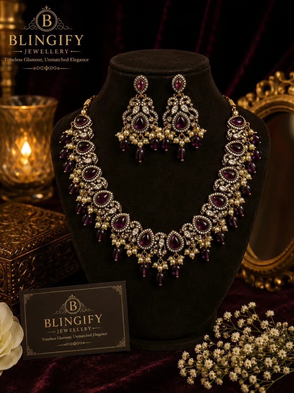 Antique Gold Necklace & Earring Set - Moissanite Stone - Purple